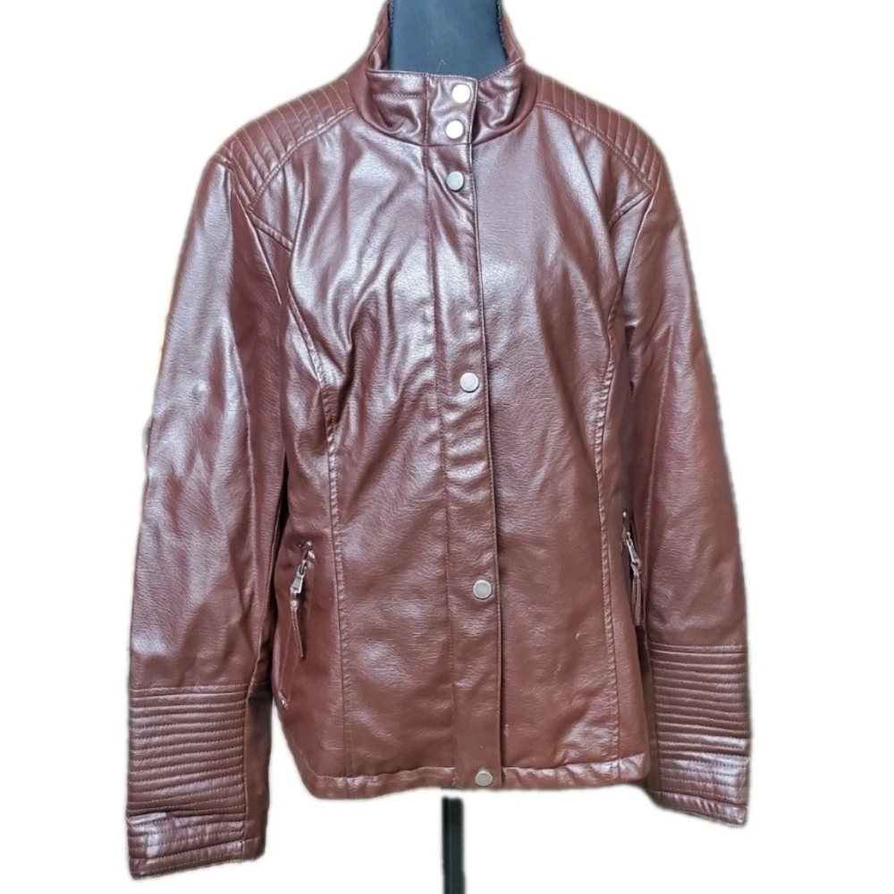 Celebrity Pink Faux Leather Jacket Teen Girl XL Brown Full Zip Snap Buttons Moto